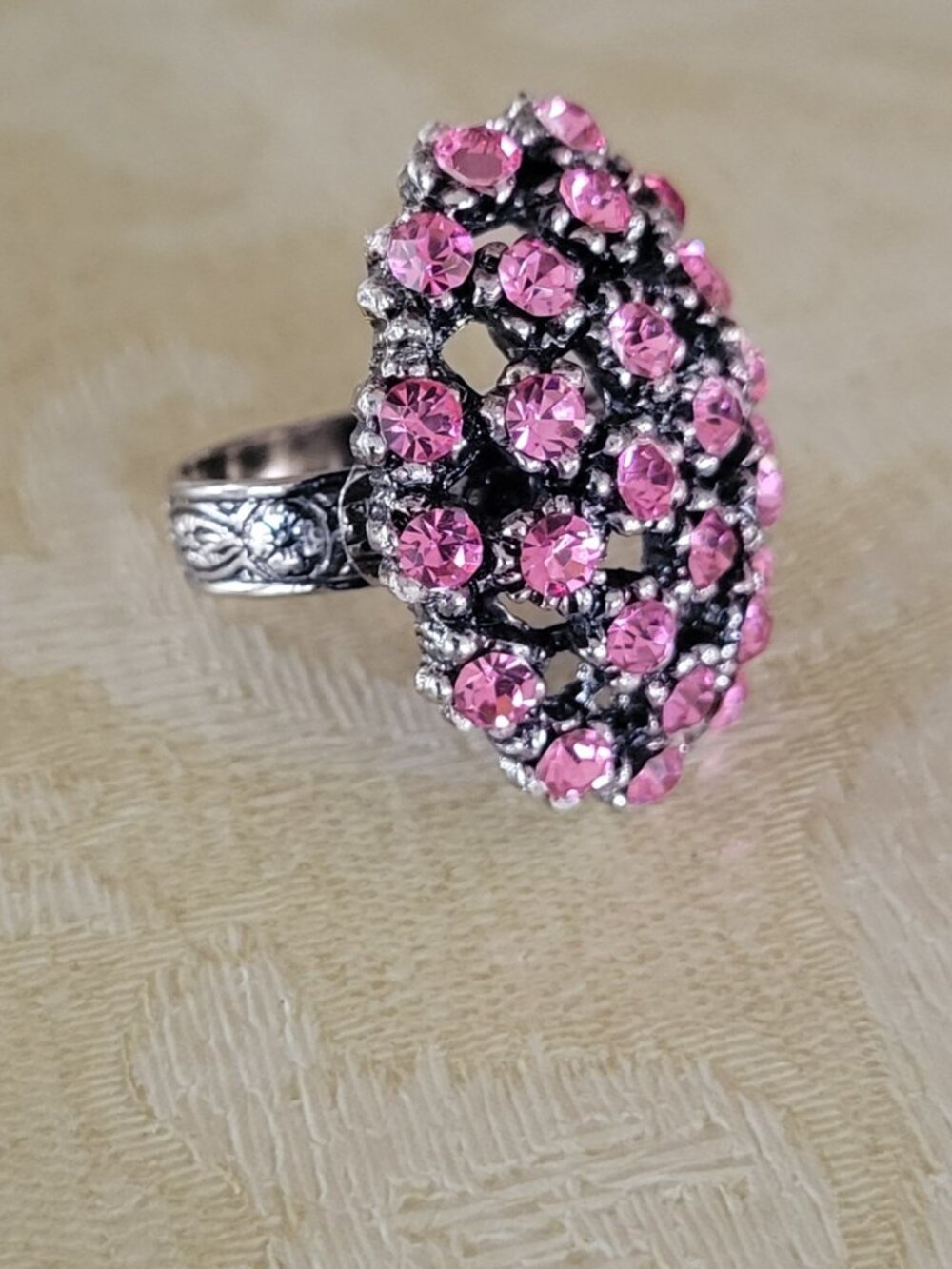 VTG Pink Rhinestone Cocktail Ring Adjustable Ornate Band Mid Century Statement
